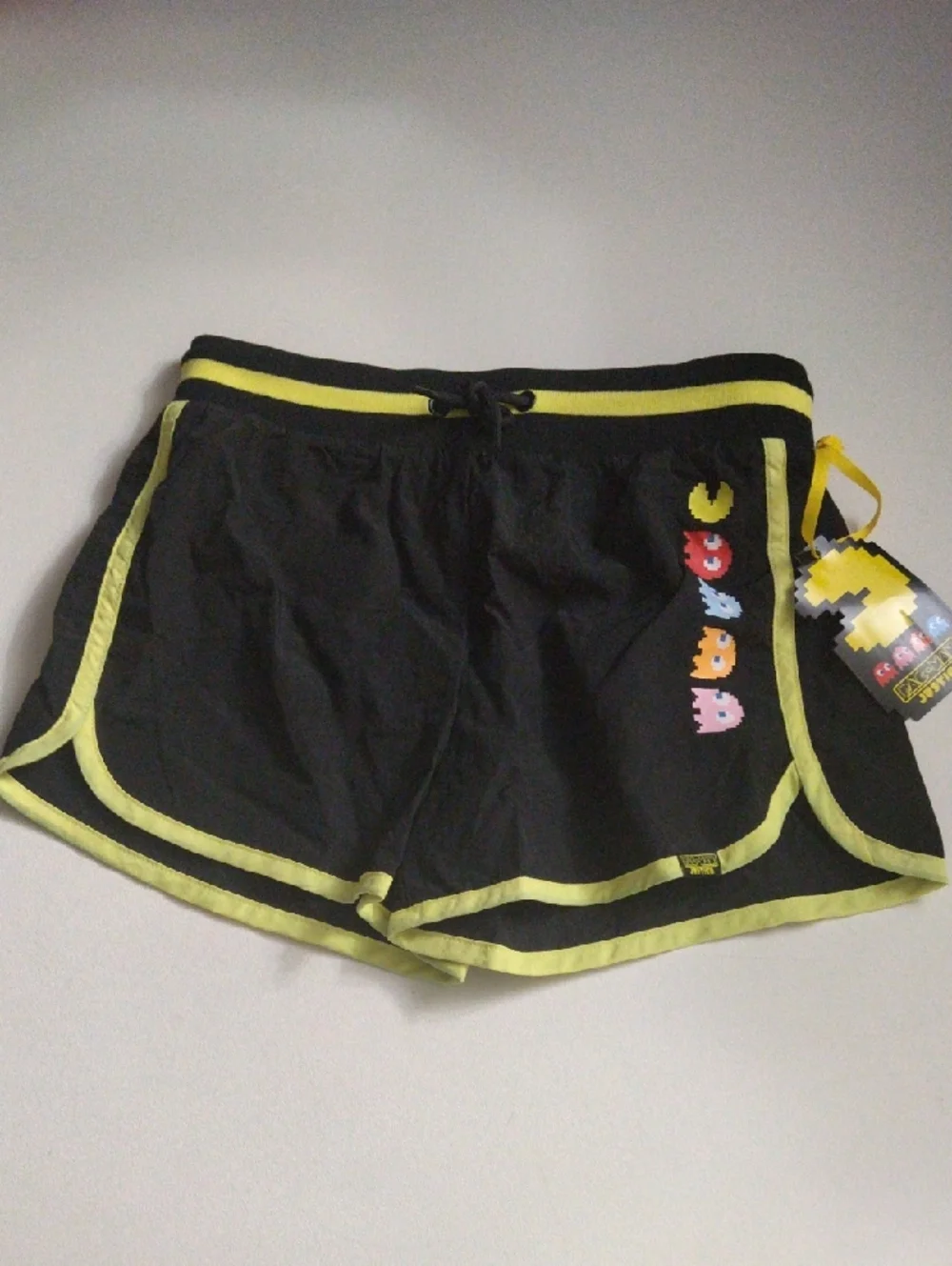 Justice Pac-man Black Athletic Shorts Yellow Trim Character Accents L 12/14 New